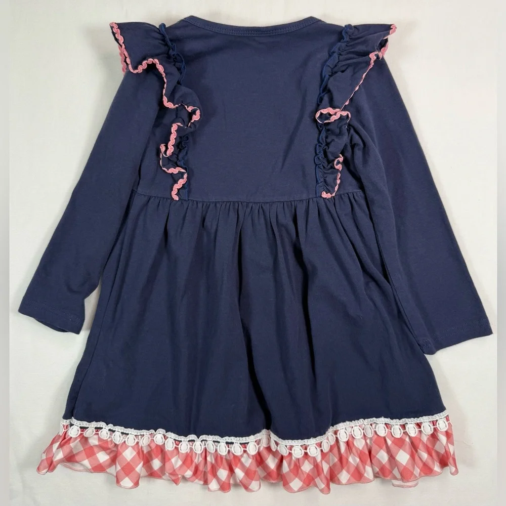 PIGGY FRIENDS Girls Pig Applique Ruffle Dress L 5/6 Gingham Farm‎ Cowgirl 4-H